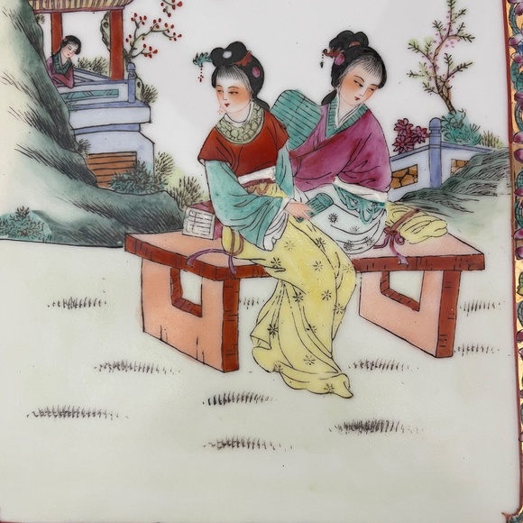 Framed Vintage Chinese Famille Rose Porcelain Plaque in Bamboo Style Frame - Picture 4 of 11